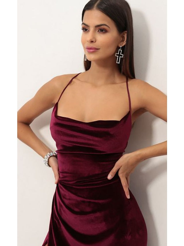 Women's Dress - Party Dress Wedding Guest Dress Velvet Dress Red Long Dress Maxi Dress Purple Red Wine Sleeveless Pure Color Lace up Split Velvet Spring Summer Spaghetti Strap Elegant Sexy Slim S M L XL XXL