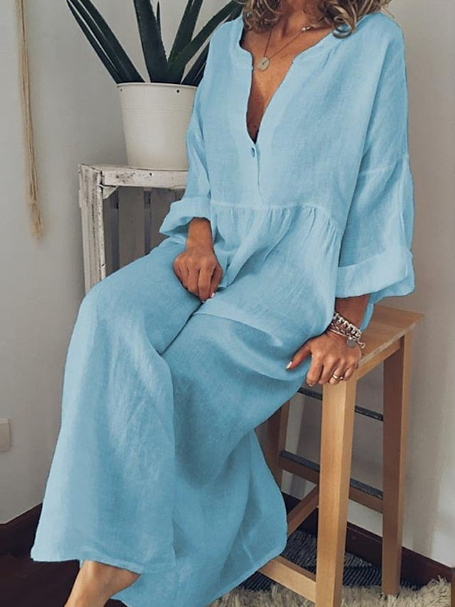 Women's Dress - Casual Dress Cotton Dress Shift Dress Maxi long Dress Cotton Casual Winter Dress Daily Holiday Split Neck Button Rolled Cuff Long Sleeve Spring Fall Winter 2023 Loose Fit Black White Yellow