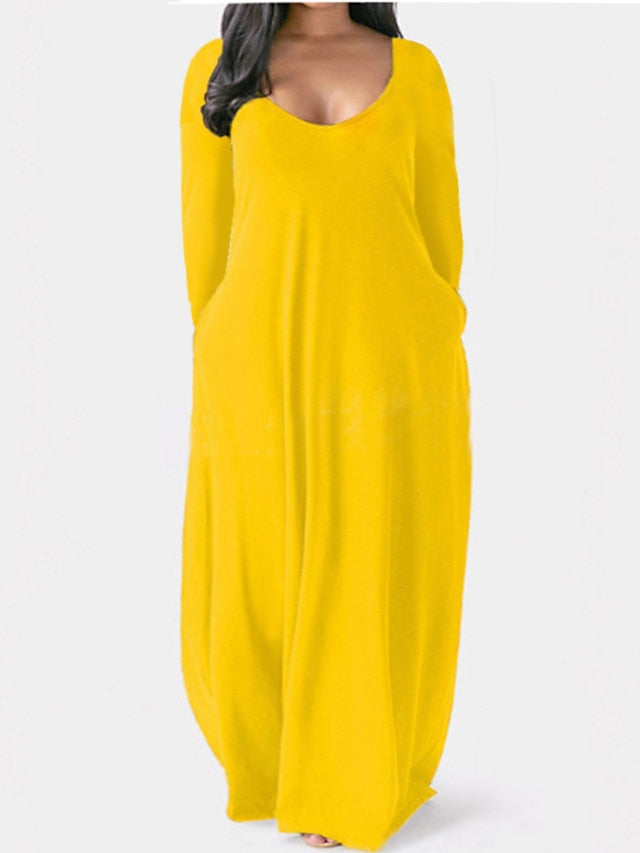 Women's Dress - Plus Size Shift Dress Solid Color Boat Neck Long Sleeve Spring Fall Basic Casual Maxi long Dress Daily Vacation Dress