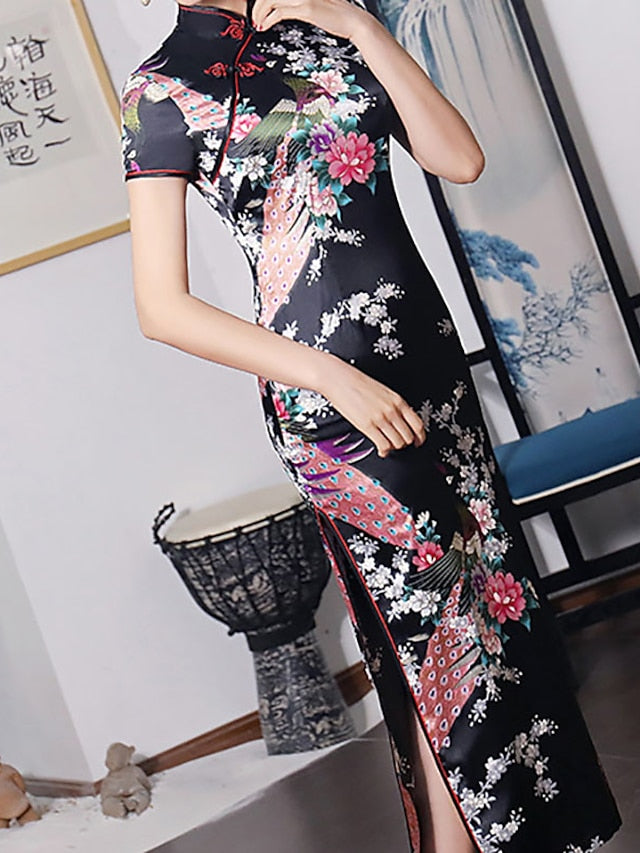 Women's Dress - Cheongsam Floral Mandarin Collar Chinoiserie Dress Long Dress Maxi Dress Light Pink Black Blue Short Sleeve Spring Summer Weekend S M L XL XXL 3XL 4XL 5XL 6XL