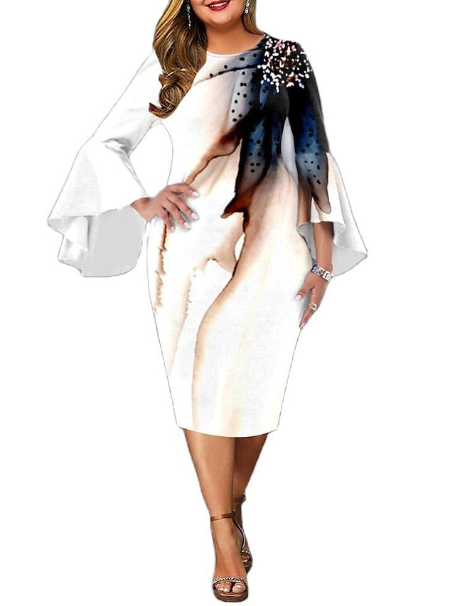 Women's Dress - Plus Size Party Dress Floral Crew Neck Ruffle Long Sleeve Fall Spring Elegant Prom Dress Knee Length Dress Formal Going out Dress / Work Dress / Print