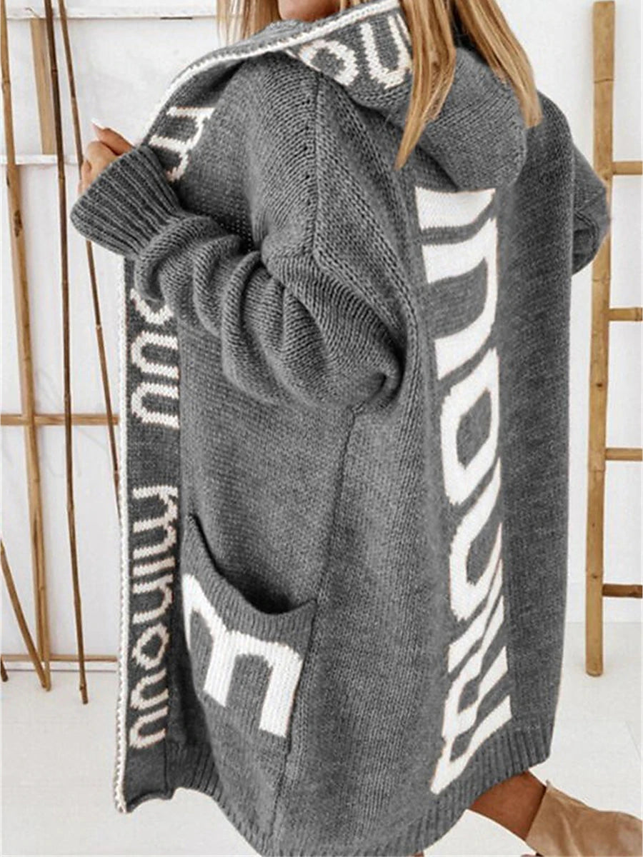 Women's Cardigan Sweater Hooded Ribbed Knit Nylon Pocket Oversized Fall Winter Long Outdoor Daily Going out Stylish Casual Soft Long Sleeve Letter Khaki Coffee Gray S M L