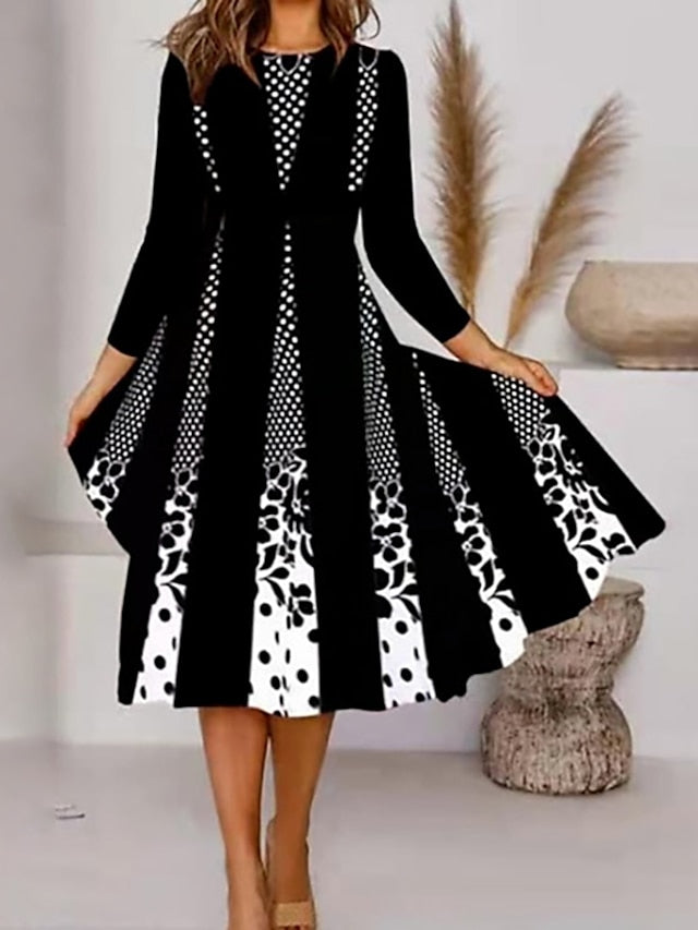 Women's Dress - Casual Dress Swing Dress Midi Dress Gold Pink White 3/4 Length Sleeve Floral Patchwork Winter Fall Spring Crew Neck Fashion Winter Dress Daily Vacation Loose Fit 2023 S M L XL XXL 3XL