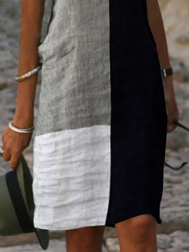 Women's Dress - Casual Dress Cotton Linen Dress Shift Dress Midi Dress Cotton Blend Modern Casual Daily Vacation V Neck Patchwork Button Short Sleeve Summer Spring 2023 Regular Fit White Color Block S M L XL