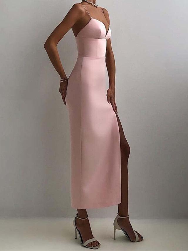 Women's Dress - Party Dress Wedding Guest Sheath Dress Sundress Midi Dress Black White Pink Sleeveless Pure Color Split Summer Spring Spaghetti Strap Fashion Party Birthday 2023 S M L XL XXL