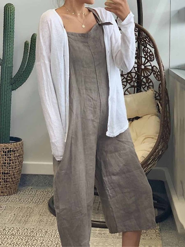 Denim Jumpsuit for Women Overall Pocket Solid Color Square Neck Streetwear Daily Vacation Regular Fit Sleeveless Black Army Green Navy Blue S M L Summer - LuckyFash™