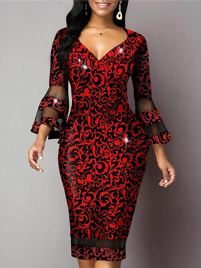 Women's Dress - Party Dress Bodycon Sheath Dress Midi Dress Red Green 3/4 Length Sleeve Floral Mesh Summer Spring V Neck Fashion Party Vacation 2023 S M L XL XXL