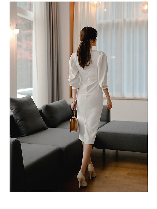 Women's Dress - Wrap Dress Mini Dress White Long Sleeve Solid Color Modern Style Fall Spring Round Neck Casual Gentle 2023 S M L XL