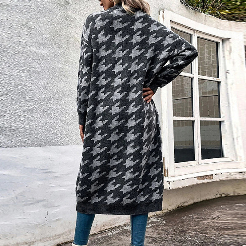 Women's Cardigan Sweater Jumper Ribbed Knit Tunic Button Knitted Houndstooth V Neck Stylish Elegant Outdoor Daily Winter Fall Fuchsia Gray S M L / Long Sleeve / Holiday / Casual / Regular Fit