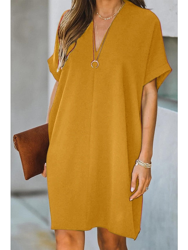 Women's Dress - Casual Dress Midi Dress Black White Yellow Short Sleeve Pure Color Summer Spring V Neck Hot  S M L XL XXL