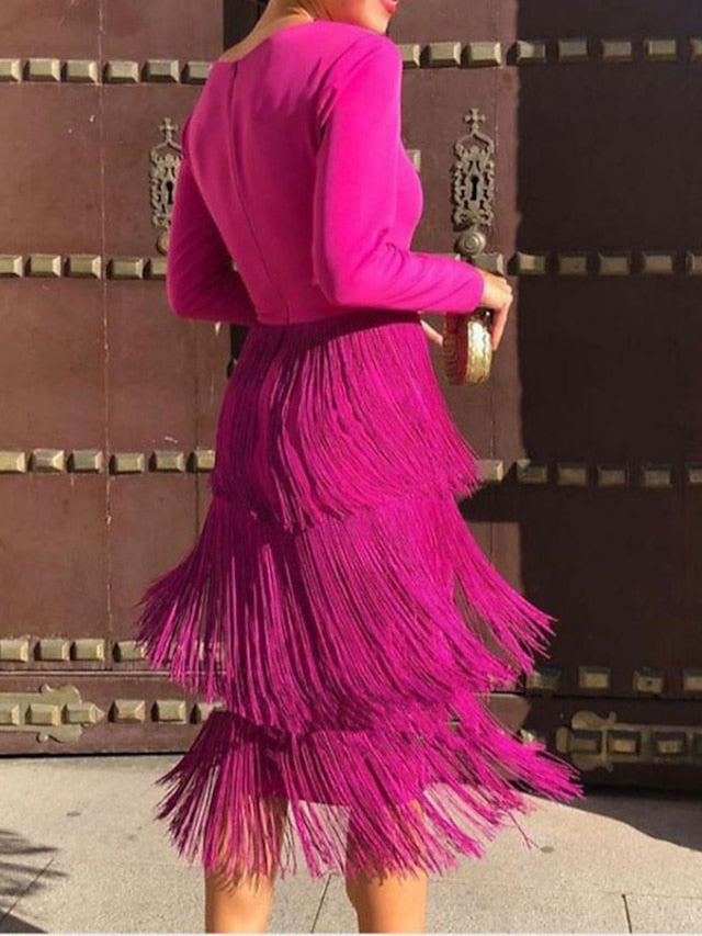 Women's Dress - Semi Formal Party Dress Fringe Dress Midi Dress Pink Long Sleeve Pure Color Tassel Fringe Winter Fall Autumn V Neck Stylish Winter Dress Fall Dress 2023 S M L XL XXL