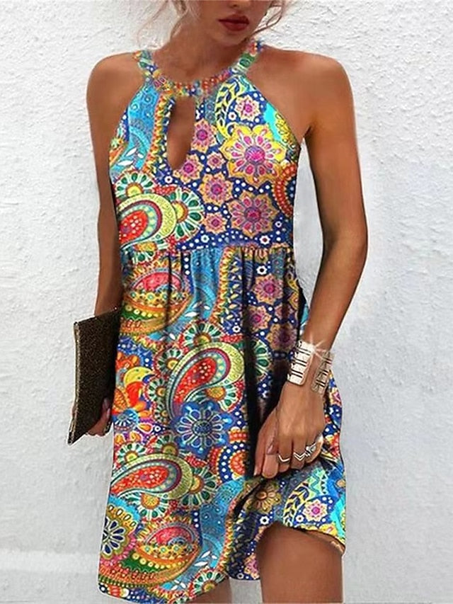 Women's Dress - Casual Dress Summer Dress Halter Neck Dress Floral Paisley Print Halter Mini Dress Active Fashion Outdoor Daily Sleeveless Regular Fit Yellow Royal Blue Blue Spring Summer S M L XL XXL