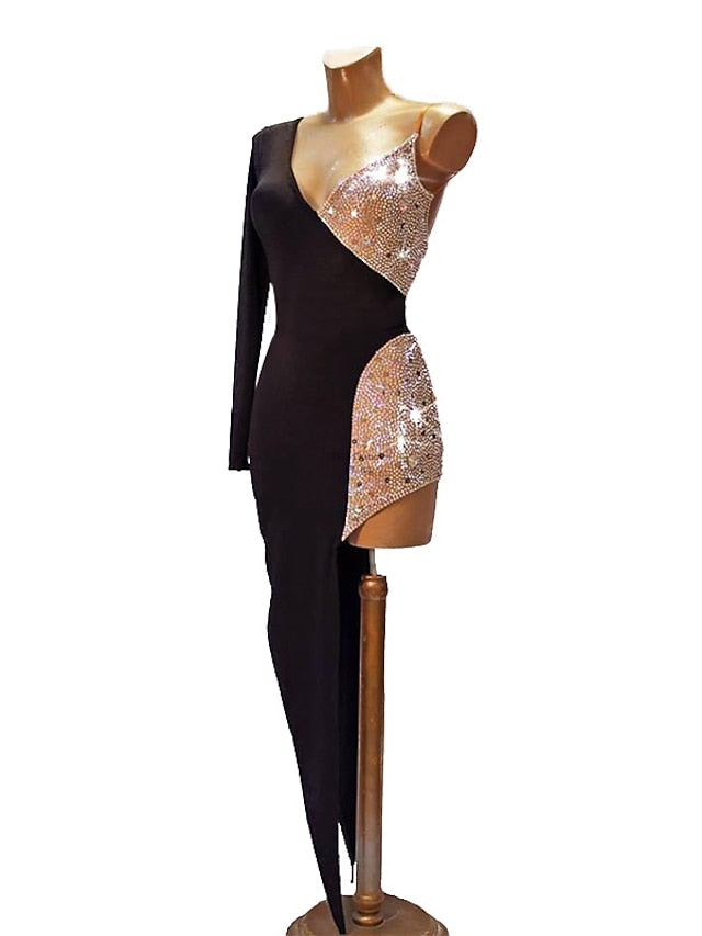 Latin Dance Dress Crystals Costumes/ Rhinestones Women's Training Performance Party Long Sleeve High Spandex/One Shoulder - LuckyFash™