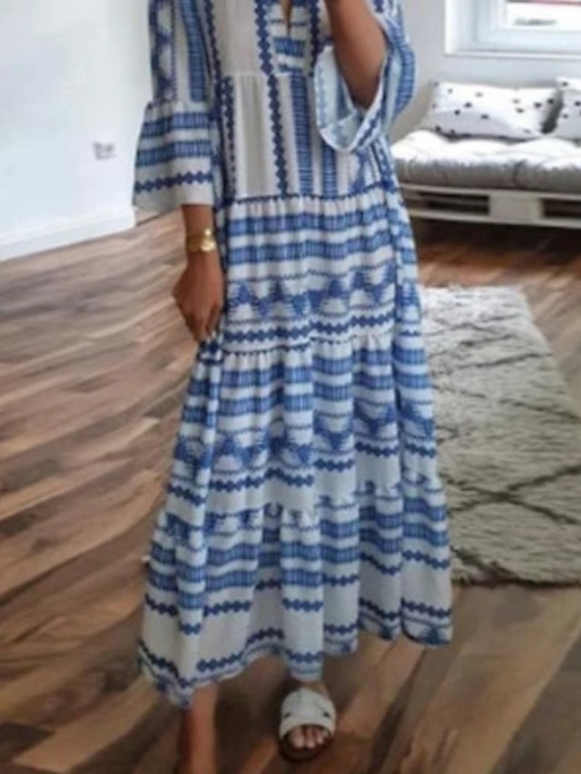Women's Dress - Casual Dress Swing Dress Boho Dress Long Dress Maxi Dress Blue 3/4 Length Sleeve Geometric Patchwork Fall Autumn V Neck Loose Fit 2023 S M L XL XXL 3XL