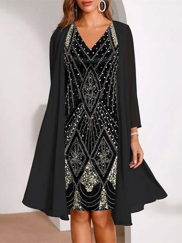 Women's Dress - Dress Set Two Piece Dress Church Dress Midi Dress Black Wine Purple Long Sleeve Geometric Print Summer Spring Fall V Neck Fashion Wedding Guest Spring Dress 2023 M L XL XXL 3XL