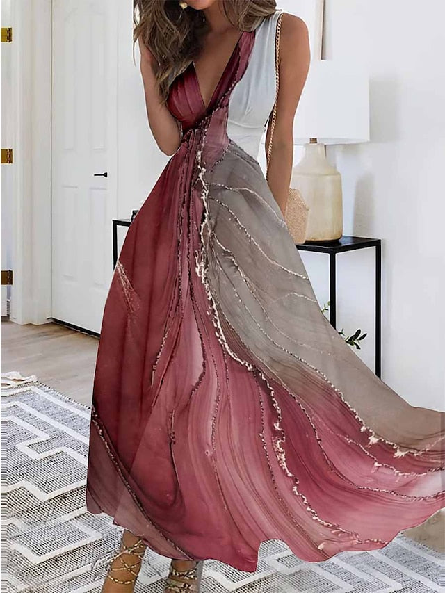 Women's Dress - Long Dress Maxi Dress Casual Dress Swing Dress A Line Dress Ombre Fashion Streetwear Outdoor Daily Date Print Sleeveless V Neck Dress Regular Fit White Pink Red Summer Spring S M L XL XXL