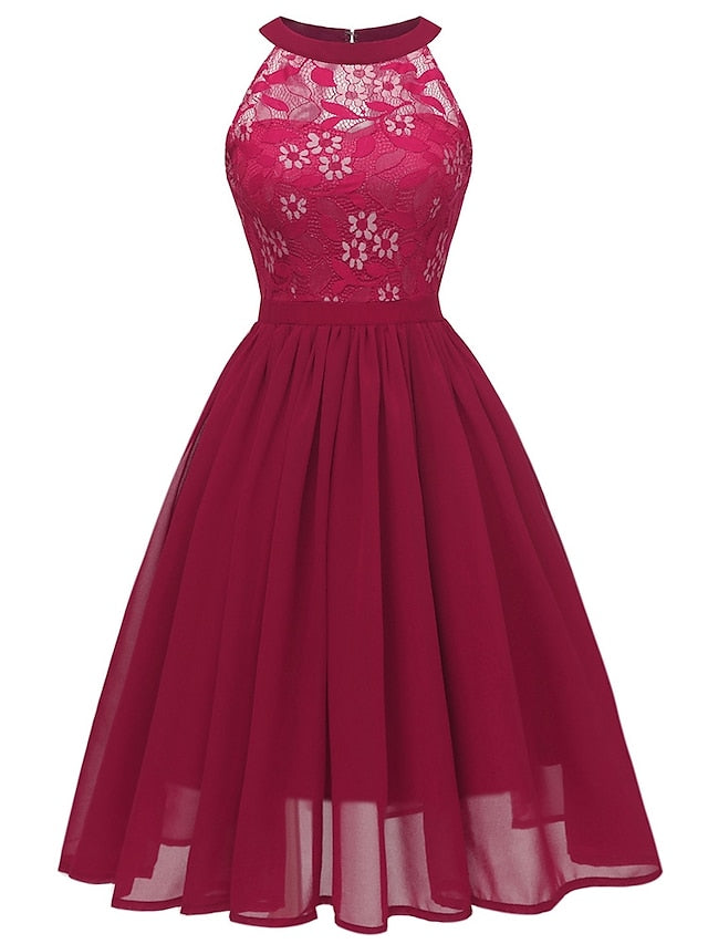 Women's Dress - Party Dress Wedding Guest Lace Dress A Line Dress Midi Dress Pink Wine Navy Blue Sleeveless Pure Color Lace Summer Spring Halter Party Slim 2023 S M L XL XXL