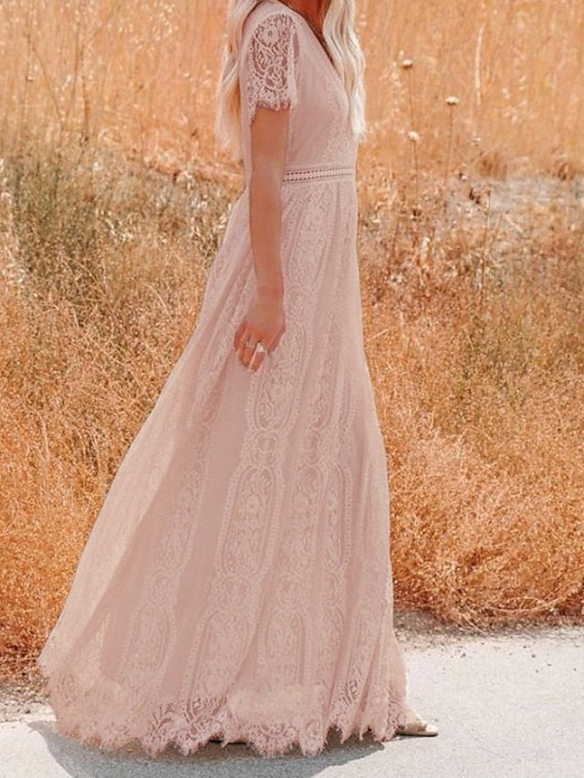 Women's Dress - Party Dress Lace Dress White Dress Long Dress Maxi Dress White Pink Half Sleeve Pure Color Lace Spring Summer V Neck Elegant Party 2023 S M L XL XXL