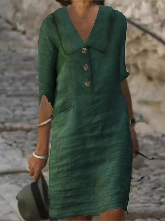 Women's Dress - Cotton Linen Dress Casual Dress Shift Dress Midi Dress Cotton Blend Fashion Modern Outdoor Daily Vacation Shirt Collar Button Half Sleeve Summer Spring 2023 Regular Fit White Blue Green Plain