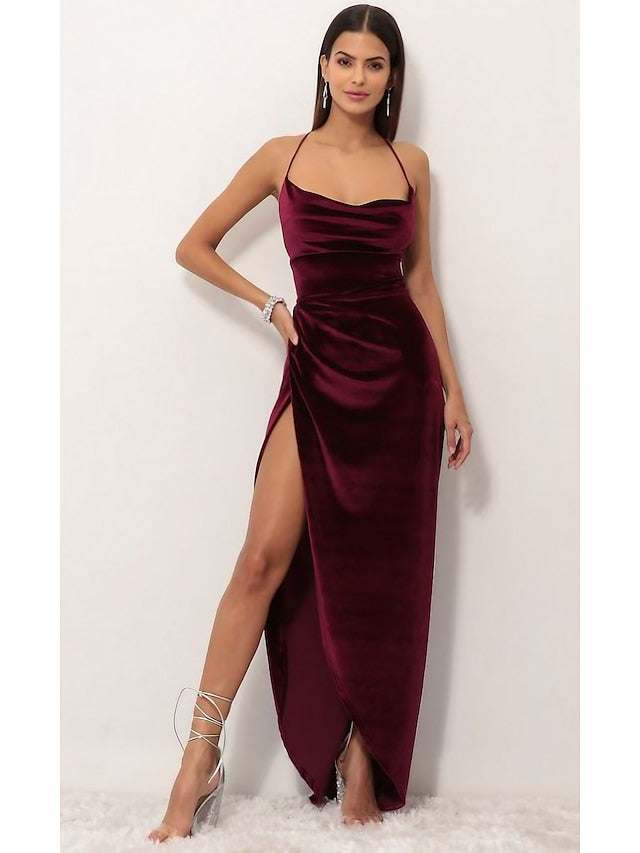Women's Dress - Party Dress Wedding Guest Dress Velvet Dress Red Long Dress Maxi Dress Purple Red Wine Sleeveless Pure Color Lace up Split Velvet Spring Summer Spaghetti Strap Elegant Sexy Slim S M L XL XXL