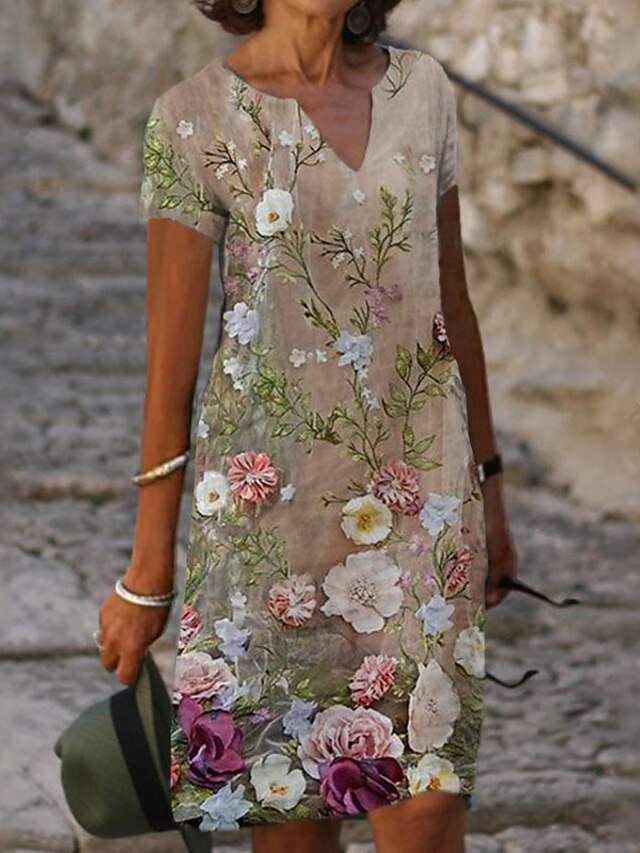 Women's Dress - Casual Dress Shift Dress Midi Dress Green Khaki Short Sleeve Floral Print Summer Spring V Neck Fashion Vacation 2023 S M L XL XXL 3XL
