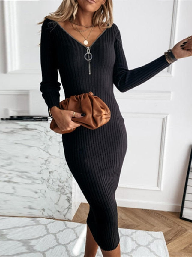 Women's Dress - Sweater Dress Winter Dress Sheath Dress Midi Dress Black khaki White Long Sleeve Pure Color Zipper Winter Fall Deep V Casual Sexy 2022 S M L XL XXL XXXL
