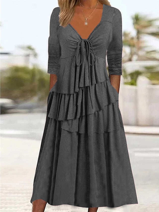 Women's Dress - Casual Dress Summer Dress Loose Dress Plain Ruched Twist V Neck Midi Dress Fashion Basic Outdoor Daily Long Sleeve Loose Fit Light Green Pink Wine Summer Spring S M L XL XXL