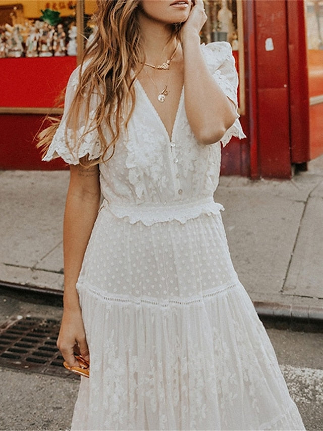 Women's Dress - Party Dress Lace Dress Swing Dress Maxi long Dress White Short Sleeve Pure Color Lace Spring Summer V Neck Boho 2023 S M L XL
