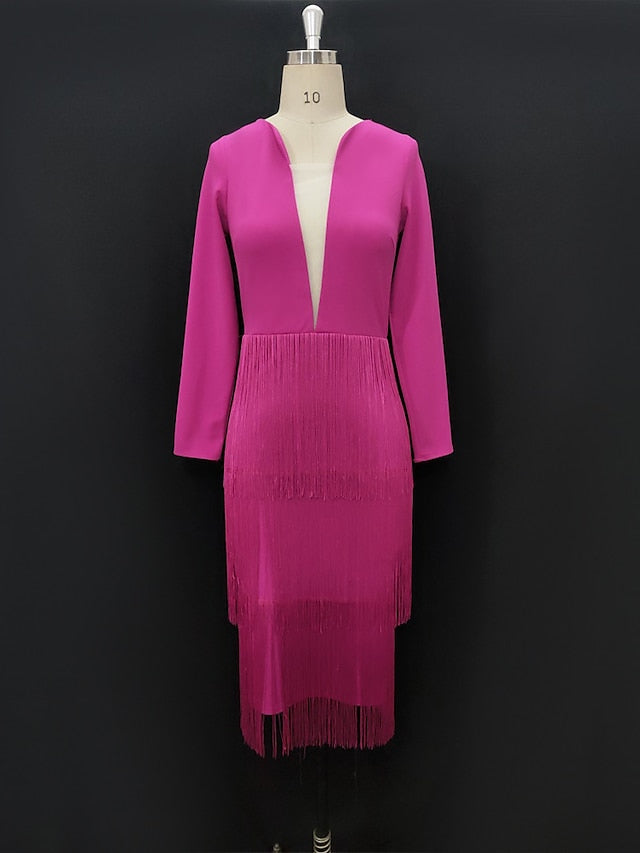 Women's Dress - Semi Formal Party Dress Fringe Dress Midi Dress Pink Long Sleeve Pure Color Tassel Fringe Winter Fall Autumn V Neck Stylish Winter Dress Fall Dress 2023 S M L XL XXL