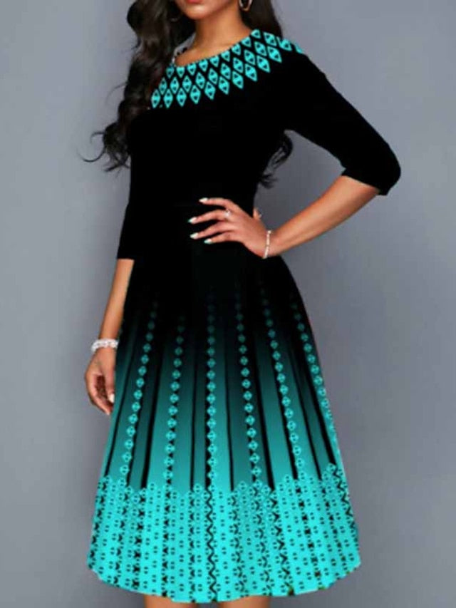 Women's Dress - Work Dress Swing Dress Church Dress Midi Dress Red Royal Blue Blue 3/4 Length Sleeve Print Print Summer Spring Crew Neck Elegant 2023 S M L XL XXL 3XL 4XL 5XL