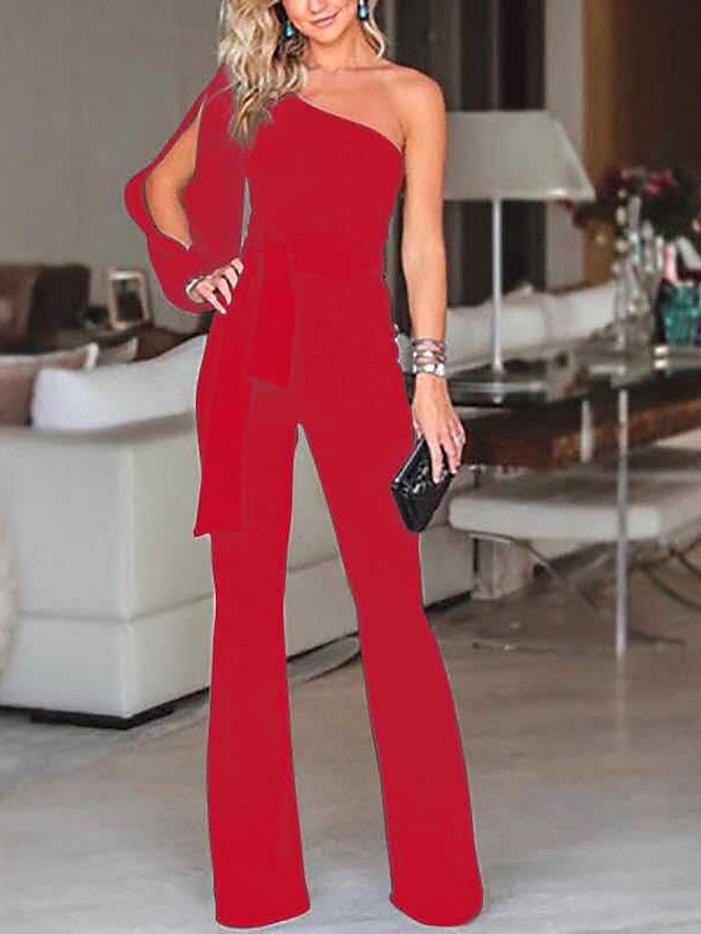 Women's Jumpsuit Clean Fit Split Solid Color Cold Shoulder Elegant Party Prom Regular Fit Long Sleeve Black Blue Pink S M L Fall - LuckyFash™