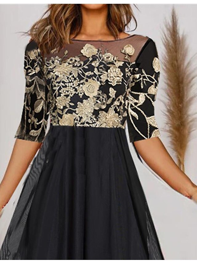 Women's Dress - Casual Dress Wedding Guest Dress Swing Dress Midi Dress Black Half Sleeve Floral Print Summer Spring Crew Neck Modern Wedding Guest 2023 S M L XL XXL 3XL