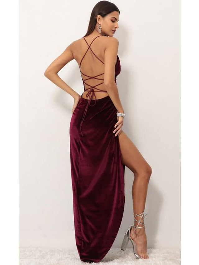 Women's Dress - Party Dress Wedding Guest Dress Velvet Dress Red Long Dress Maxi Dress Purple Red Wine Sleeveless Pure Color Lace up Split Velvet Spring Summer Spaghetti Strap Elegant Sexy Slim S M L XL XXL