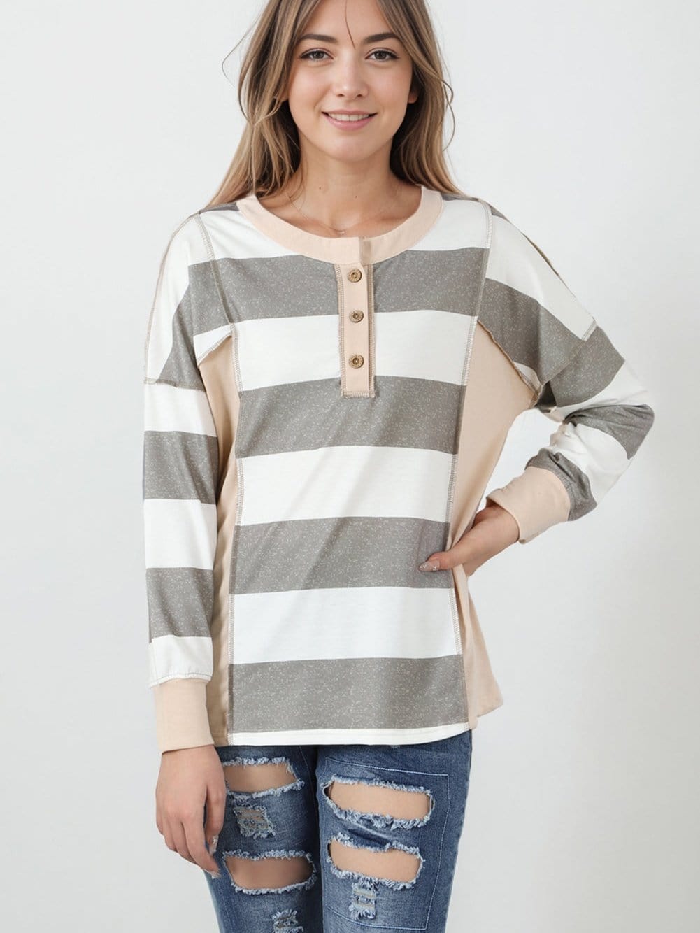 Multicolor Striped Round Neck Long Sleeve T-Shirt