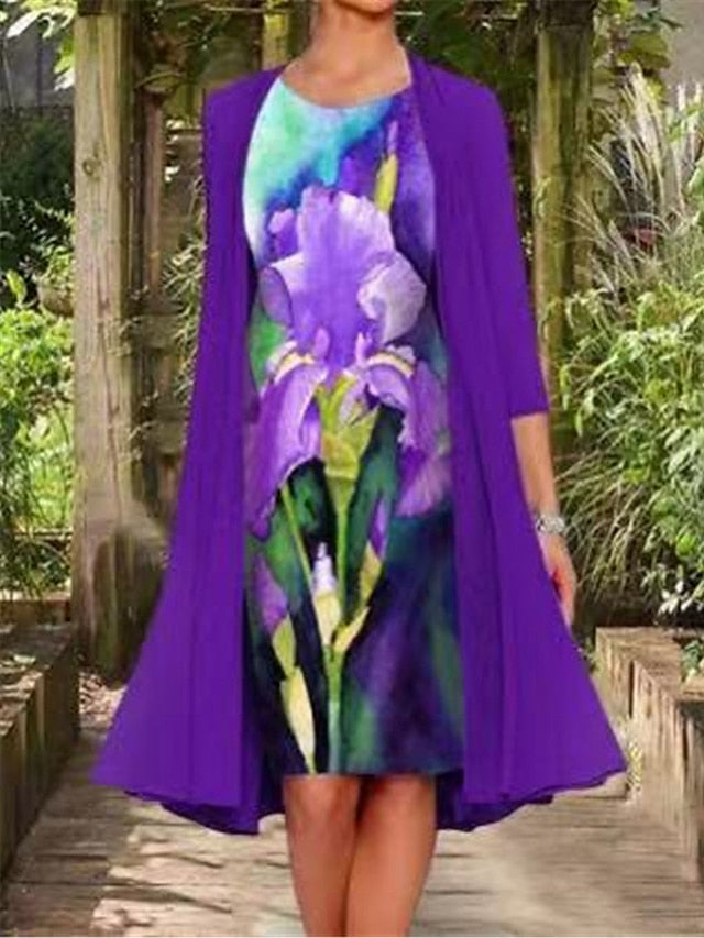 Women's Dress - Two Piece Dress Set Shift Dress Chiffon Dress Daily Going out Casual Print Midi Dress Crew Neck 3/4 Length Sleeve Floral Regular Fit Navy Blue Light Purple Purple Summer Spring M L XL XXL XXXL