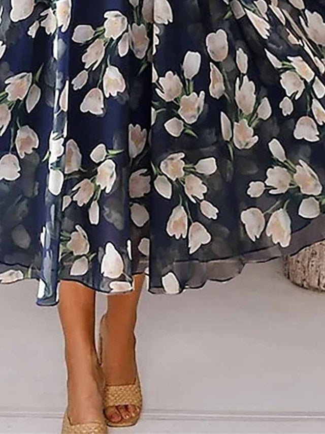Women's Dress - Two Piece Dress Set Casual Dress Chiffon Dress Outdoor Daily Fashion Elegant Print Midi Dress V Neck Half Sleeve Floral Regular Fit Navy Blue Purple Green Summer Spring S M L XL XXL