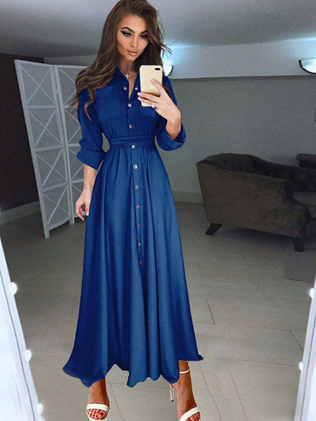 Women's Dress - Shirt Dress Chiffon Dress Swing Dress Maxi long Dress Formal Winter Dress Causal Polyester Fashion Elegant Stand Collar Pleated Button Long Sleeve Spring Fall Winter 2023 Regular Fit Black