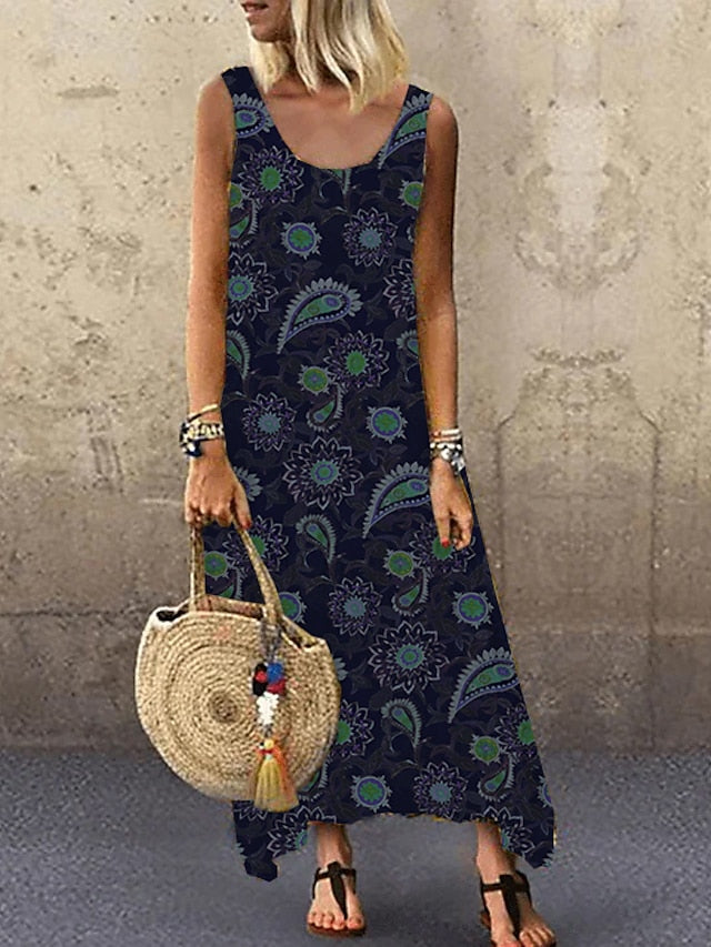 Women's Dress - Swing Dress Maxi long Dress Green Blue Khaki Red Yellow Sleeveless Print Basic Summer Deep U Hot Casual Boho Loose S M L XL XXL 3XL 4XL 5XL