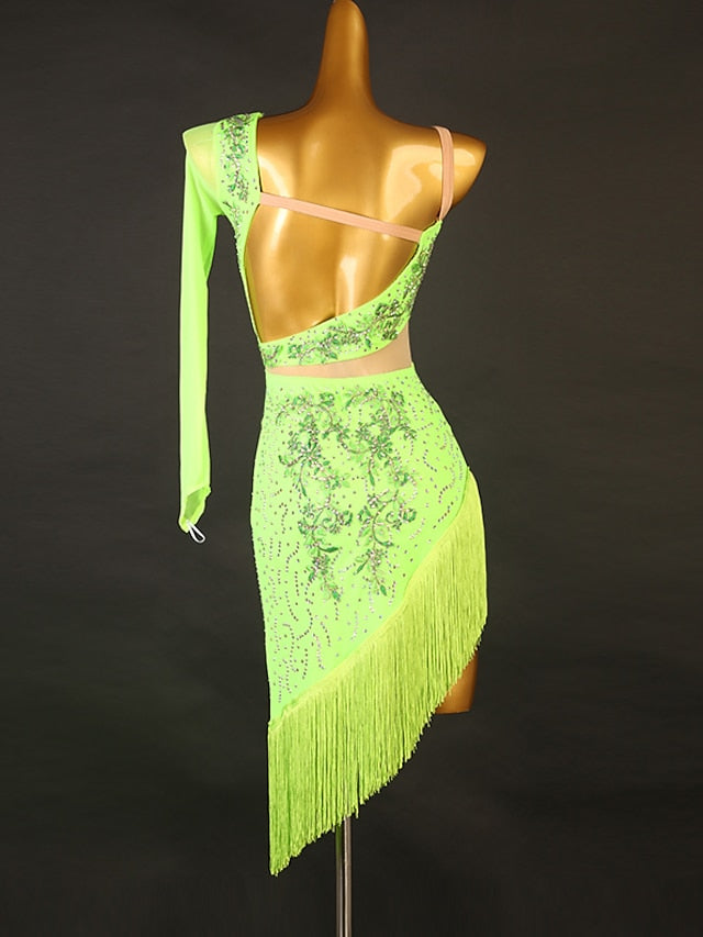 Latin Dance Dress Tassel Split Joint Crystals / Rhinestones Women's Performance Training Long Sleeve Chinlon Mesh - LuckyFash™