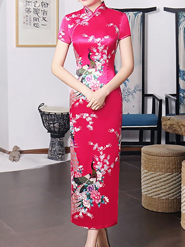 Women's Dress - Cheongsam Floral Mandarin Collar Chinoiserie Dress Long Dress Maxi Dress Light Pink Black Blue Short Sleeve Spring Summer Weekend S M L XL XXL 3XL 4XL 5XL 6XL