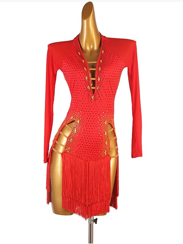 Latin Dance Dress Tassel Crystals / Rhinestones Women's Performance Long Sleeve Chinlon Mesh - LuckyFash™