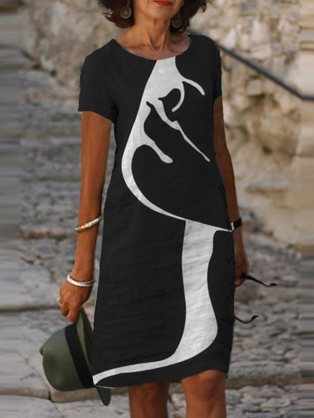 Women's Dress - Casual Dress Shift Dress Mini Dress Black White Purple Short Sleeve Leaf Print Summer Spring Crew Neck Fashion Vacation Summer Dress Spring Dress 2023 S M L XL XXL 3XL