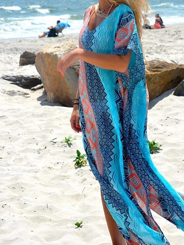 Women's Dress - Swimwear Cover Up Beach Dress Normal Swimsuit Oversized Print Blue Bathing Suits New Party Active / Casual / Padless