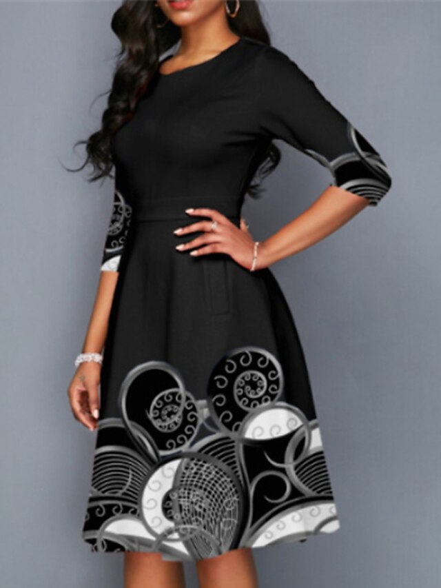 Women's Dress - Casual Dress Church Dress Midi Dress Black Yellow Pink Long Sleeve Print Print Winter Autumn Crew Neck Stylish Winter Dress Fall Dress 2023 S M L XL XXL 3XL 4XL 5XL