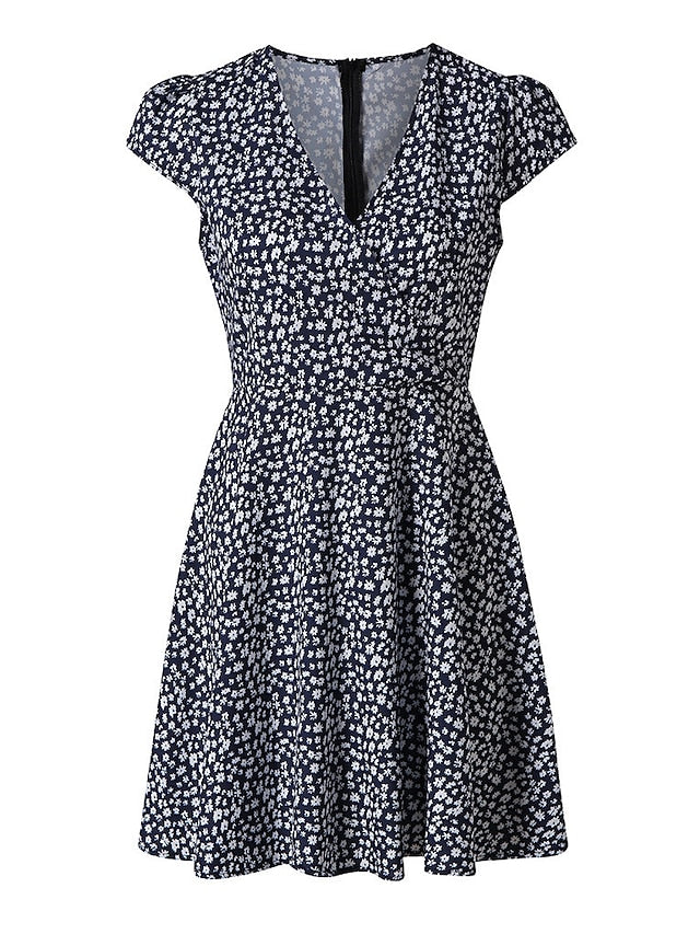 Women's Dress - Casual Dress Floral Dress Mini Dress Black Navy Blue Short Sleeve Floral Print Summer Spring V Neck Fashion Vacation 2023 S M L XL