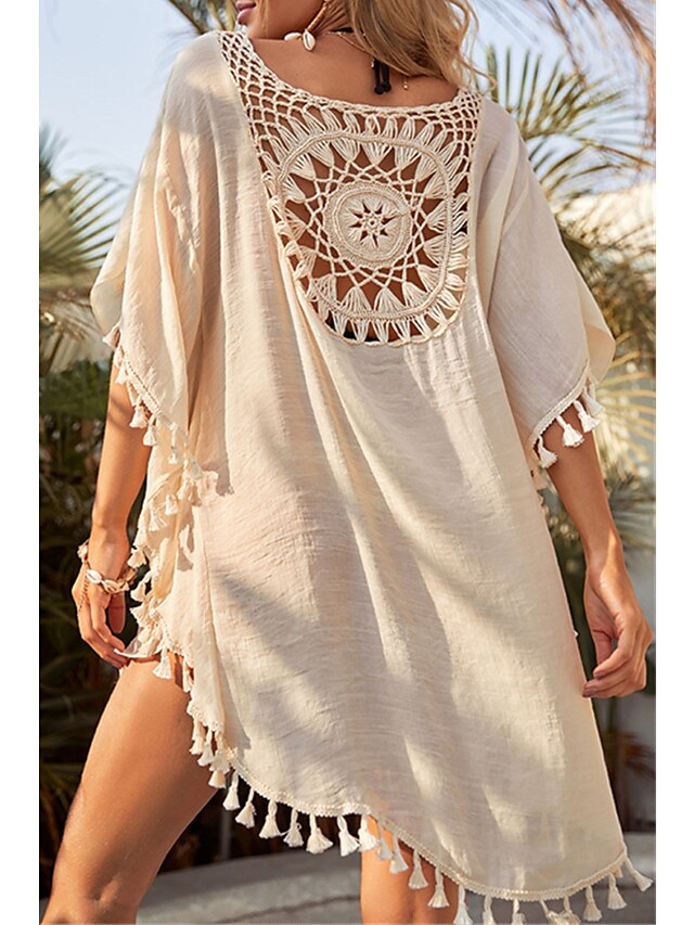 Women's Dress - Swimwear Cover Up Beach Dress Normal Swimsuit UV Protection Tassel Printing Hole Pure Color Black Beige White Scoop Neck Bathing Suits New Vacation Daily