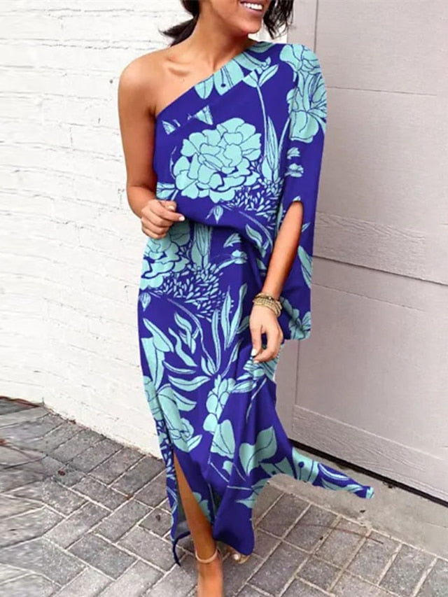 Women's Dress - Swing Dress Boho Dress Long Dress Maxi Dress Black Blue Purple Long Sleeve Floral Split Summer Spring One Shoulder Boho Winter Dress Fall Dress 2023 S M L XL XXL 3XL
