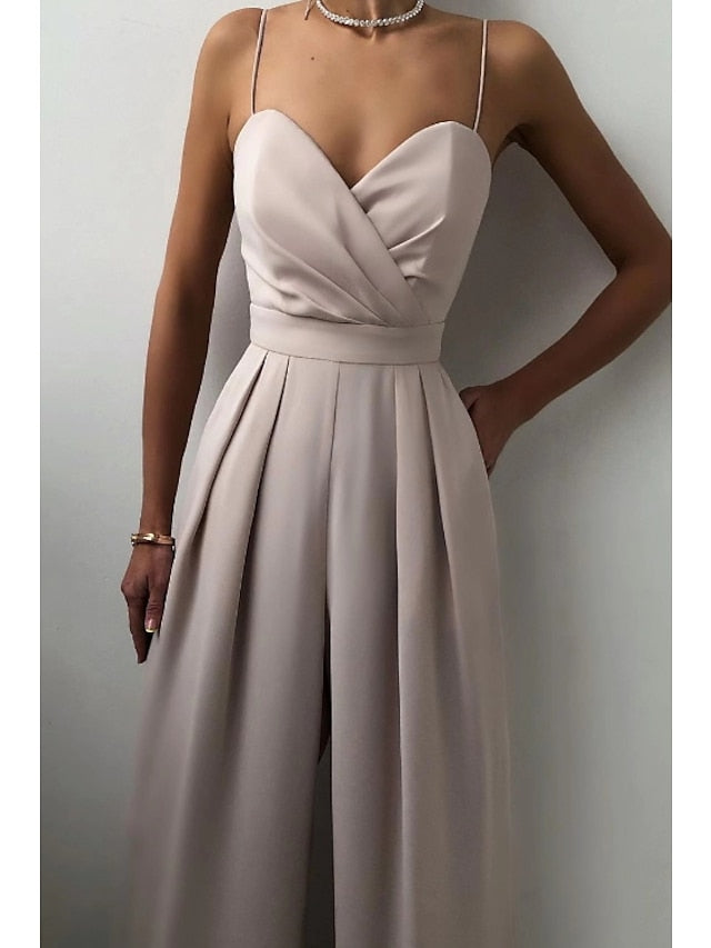 Women's Summer V Neck Spaghetti Straps Elegant Wedding Party Jumpsuit High Waist Wide Leg Pleated Long Pants Casual Rompers with Pockets - LuckyFash™