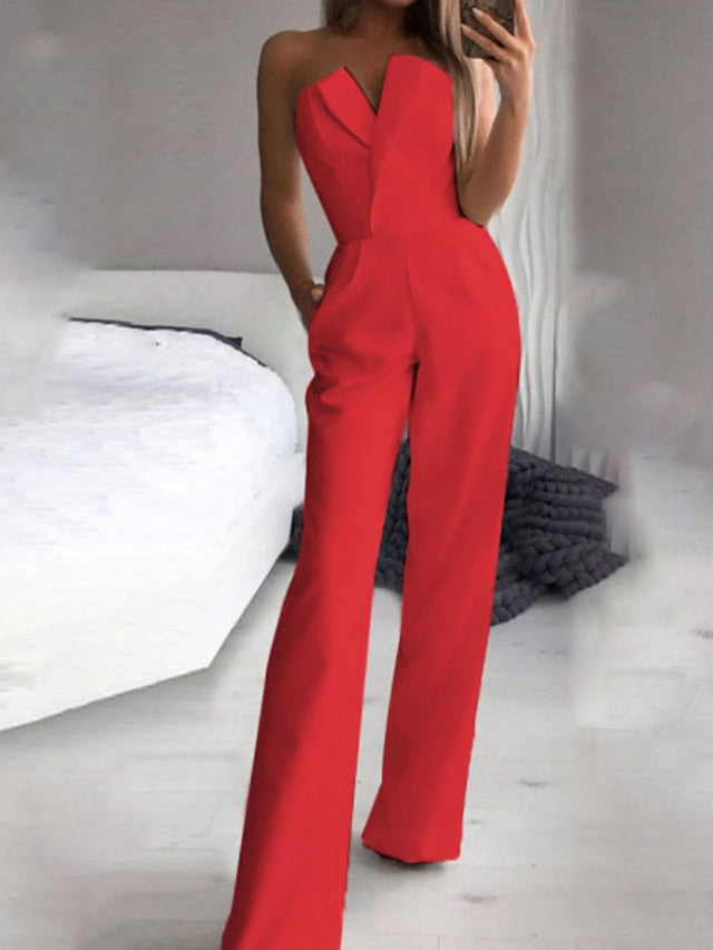 Women's Jumpsuit Clean Fit Wedding High Waist Solid Color Strapless Streetwear Street Going out Regular Fit Sleeveless Red White Summer - LuckyFash™