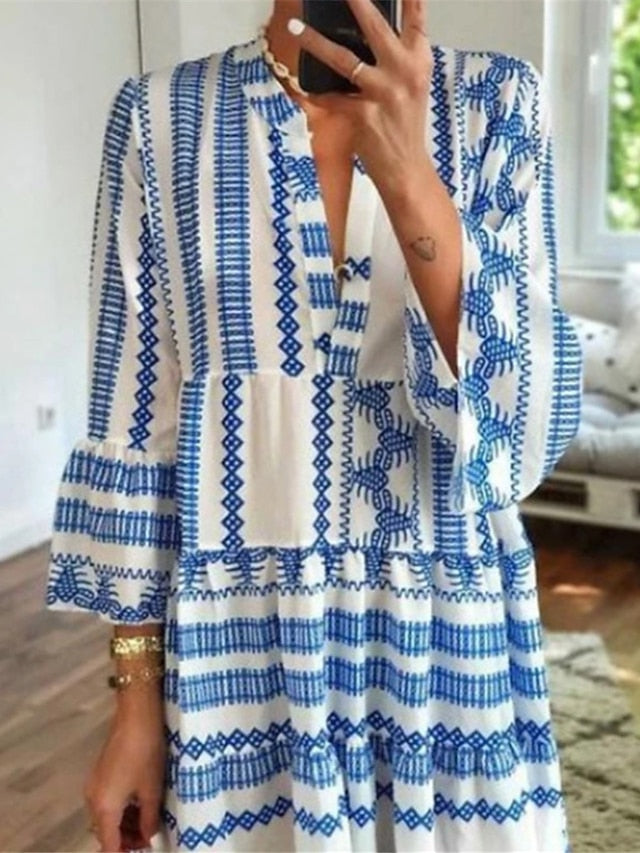 Women's Dress - Casual Dress Swing Dress Boho Dress Long Dress Maxi Dress Blue 3/4 Length Sleeve Geometric Patchwork Fall Autumn V Neck Loose Fit 2023 S M L XL XXL 3XL